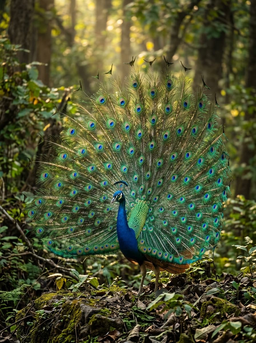 Majestic Indian peacock displaying iridescent feathers in lush nature