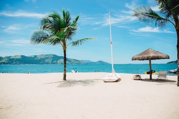 Sunny tropical beach with palm tree and sailboat