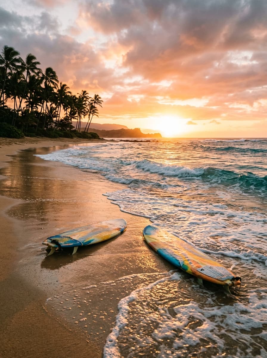 Golden sunset over tropical beach with surfboards and gentle ocean waves
