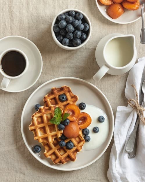 Artisanal golden Belgian waffles with blueberries and apricots