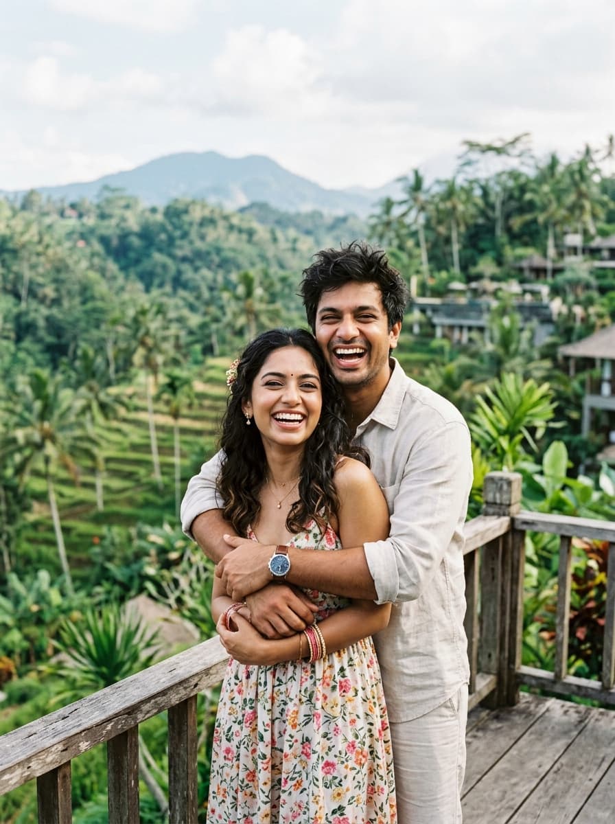 Joyful Indian couple laughing together on scenic hillside honeymoon resort