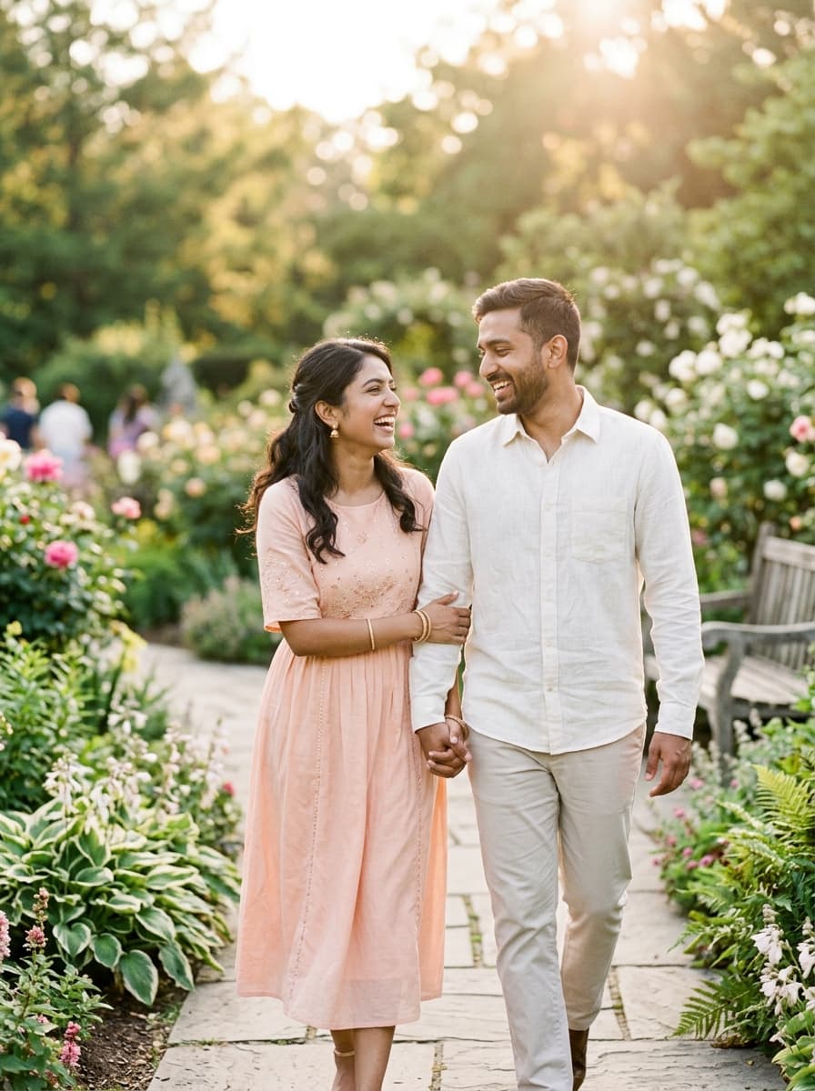 Candid Indian couple holding hands and laughing in botanical garden