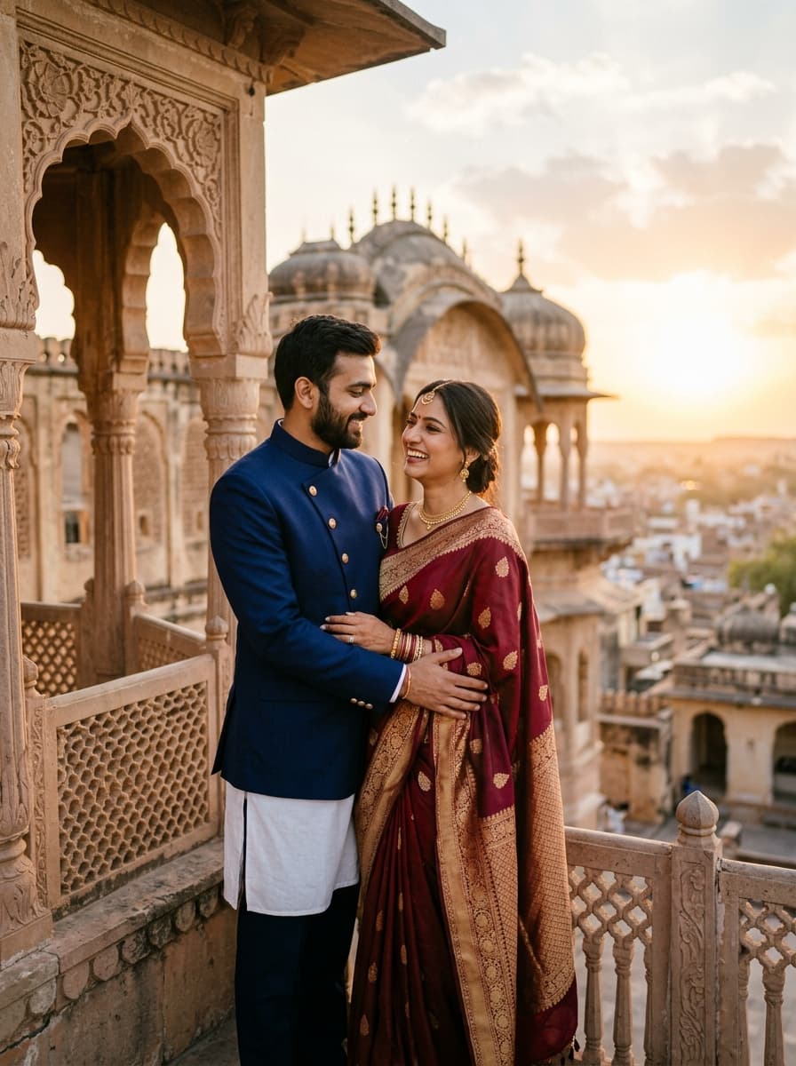 Romantic Indian couple in royal attire at Rajasthan heritage palace sunset