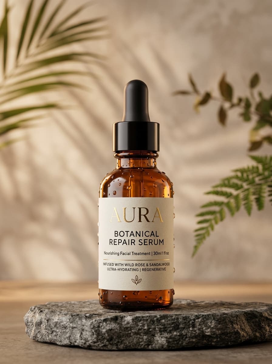 Luxury skincare serum bottle on natural stone pedestal with water droplets