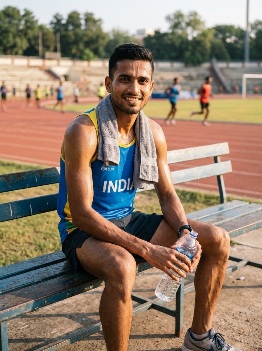 Indian male track athlete resting on stadium bench after training