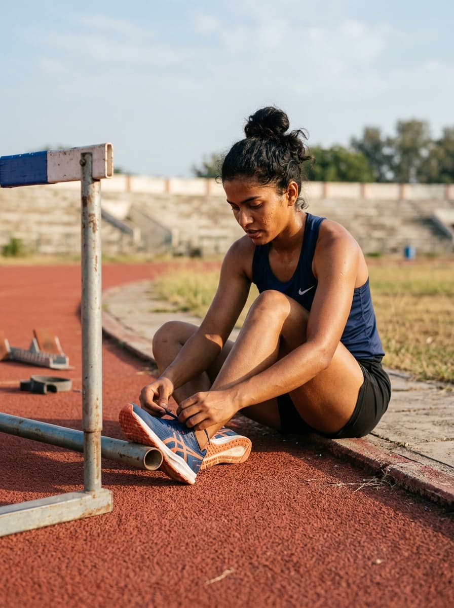 Indian female track athlete tying running shoes on stadium track