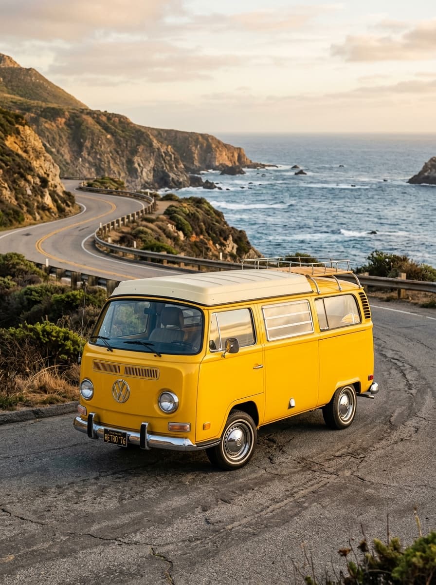Classic yellow vintage camper van fully framed on scenic coastal road